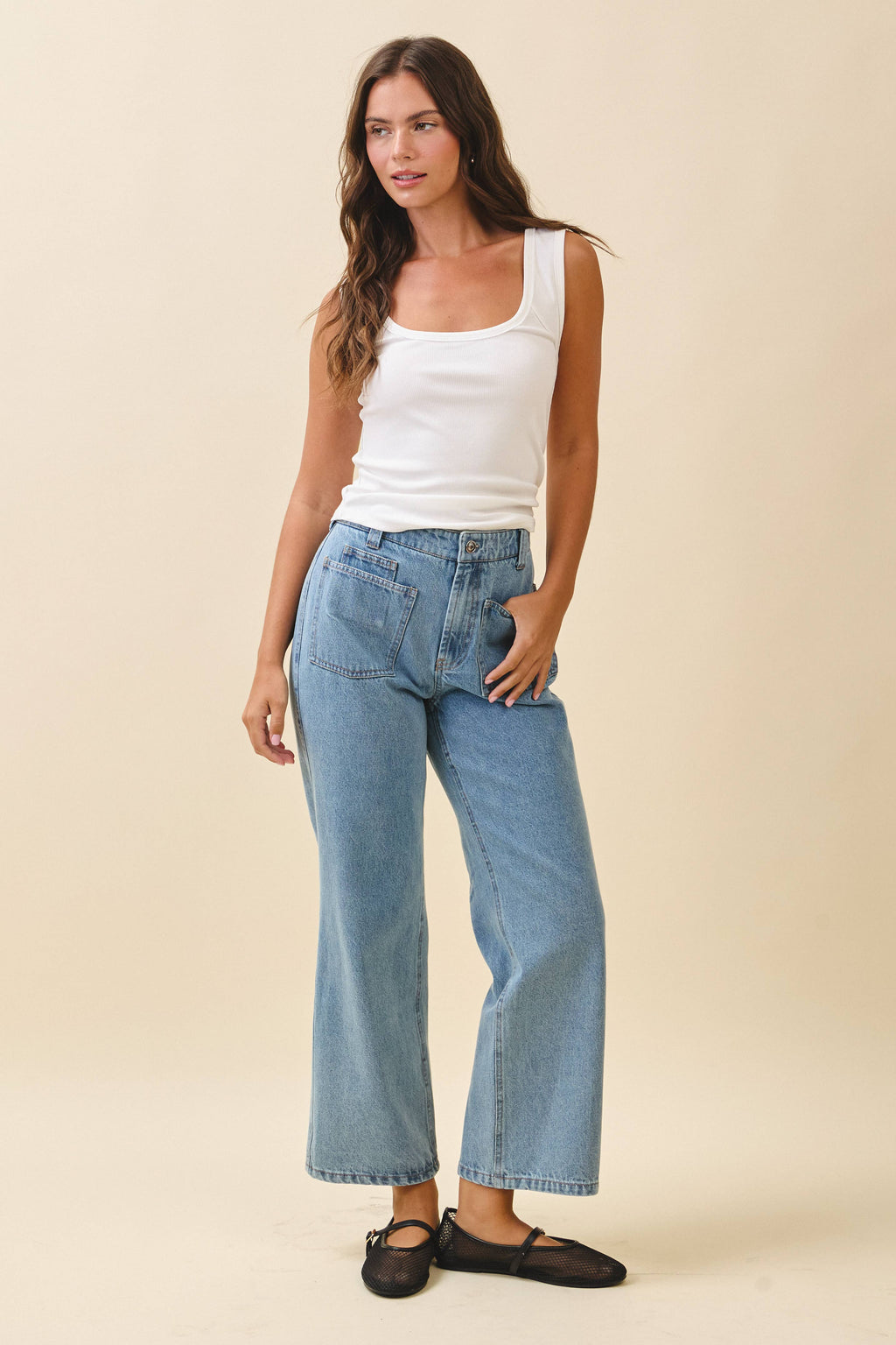 High Waist Wide Leg Denim Pants with Patch Pockets