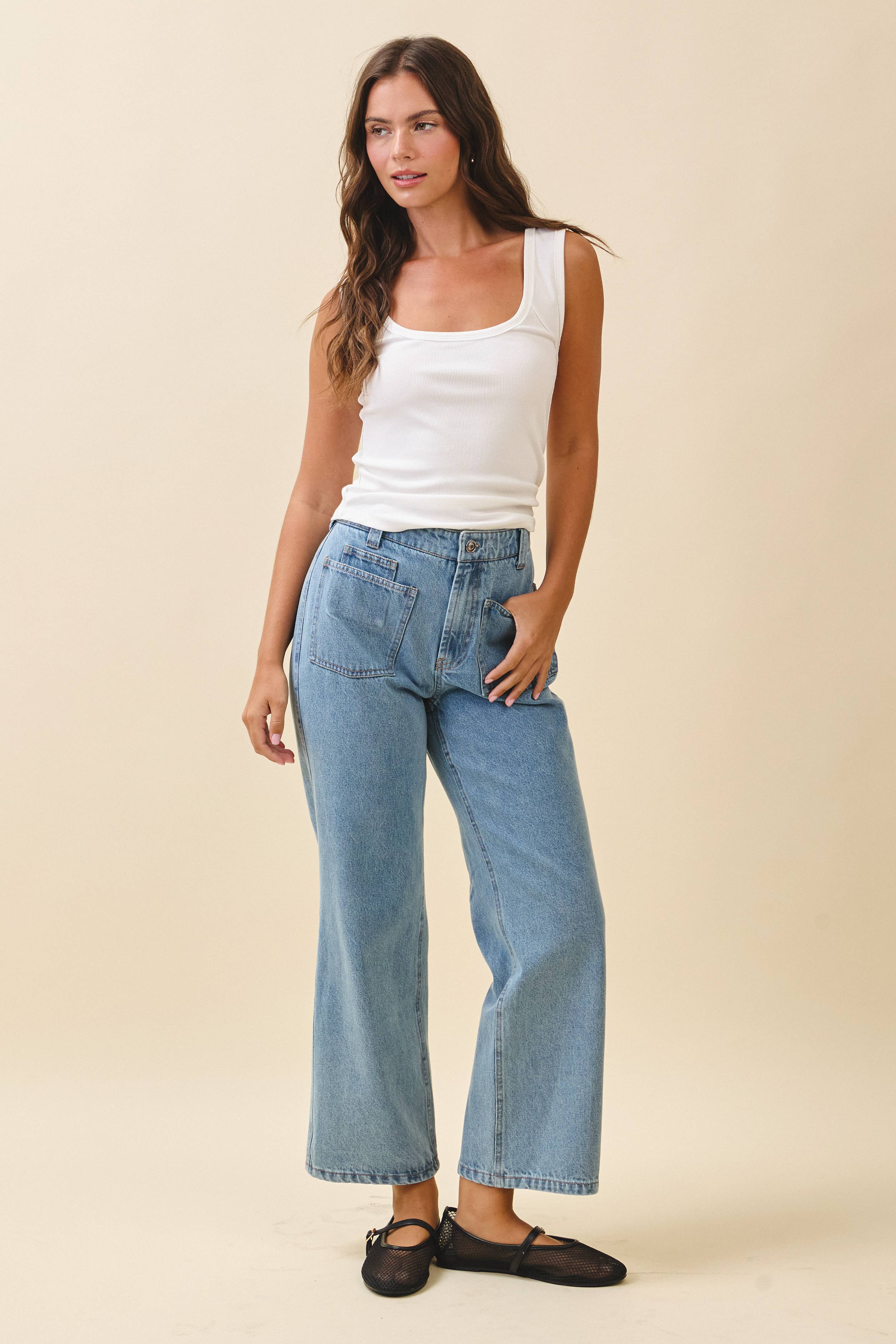 High Waist Wide Leg Denim Pants with Patch Pockets
