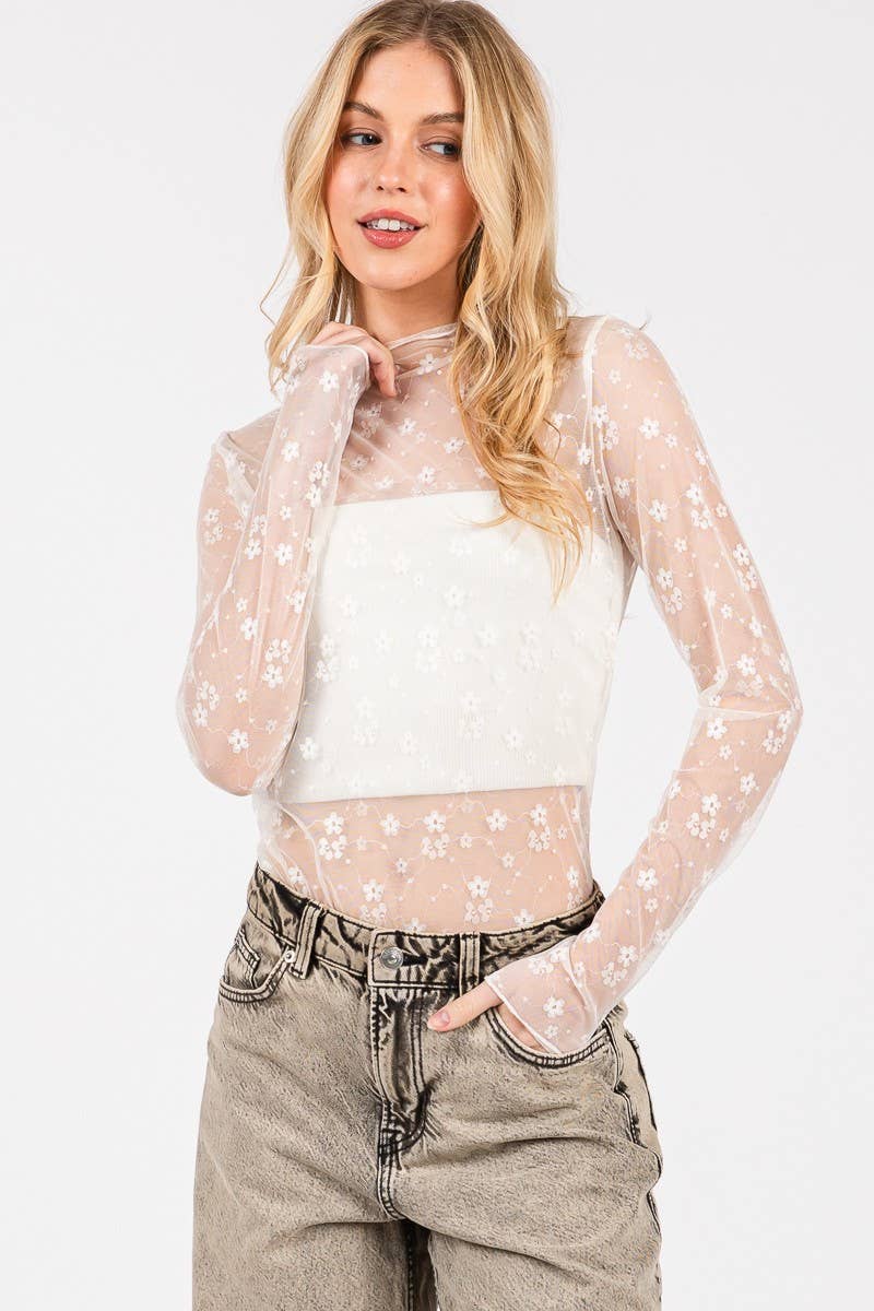 White Floral Mesh Lace Top