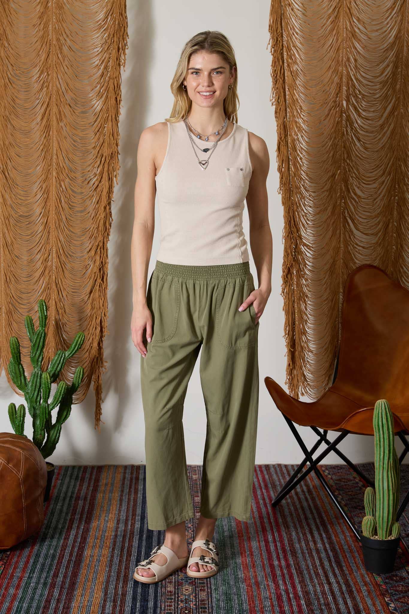 Tan Exposed Seam Pocket Detail Sleeveless Knit Top