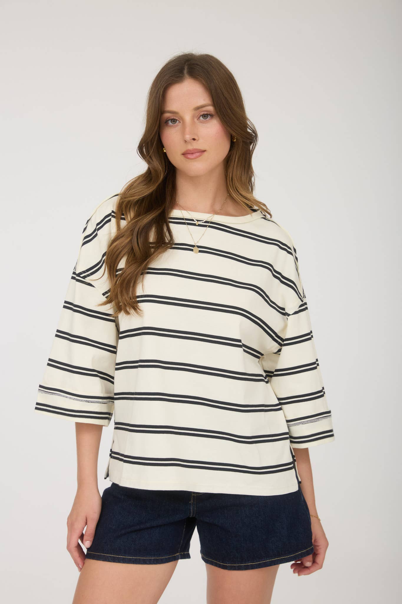 Cream Stripe Raw Edge Cuff Sleeve Oversized Knit Top