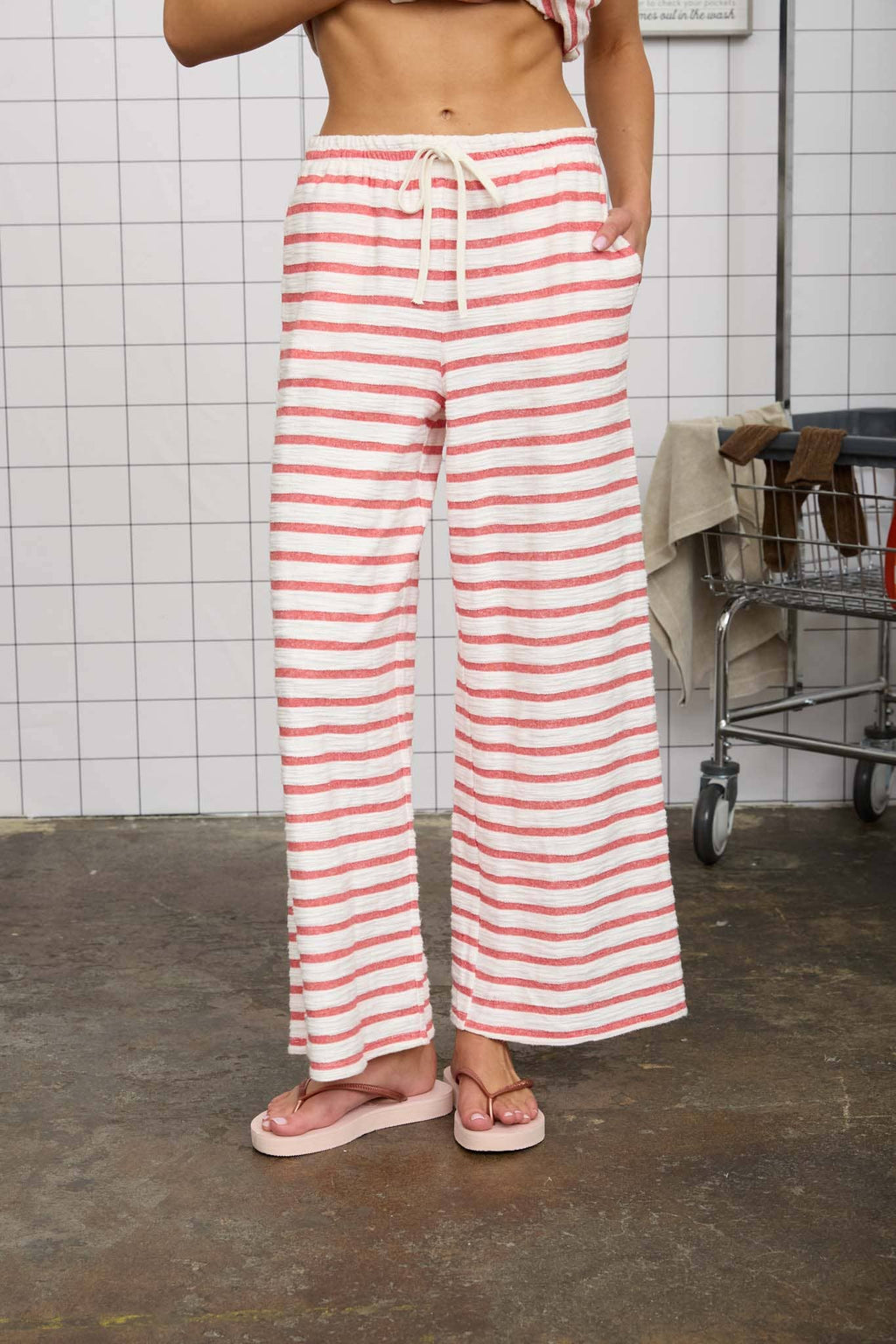 Red Stripe Drawstring Wide Leg Knit Lounge Pants