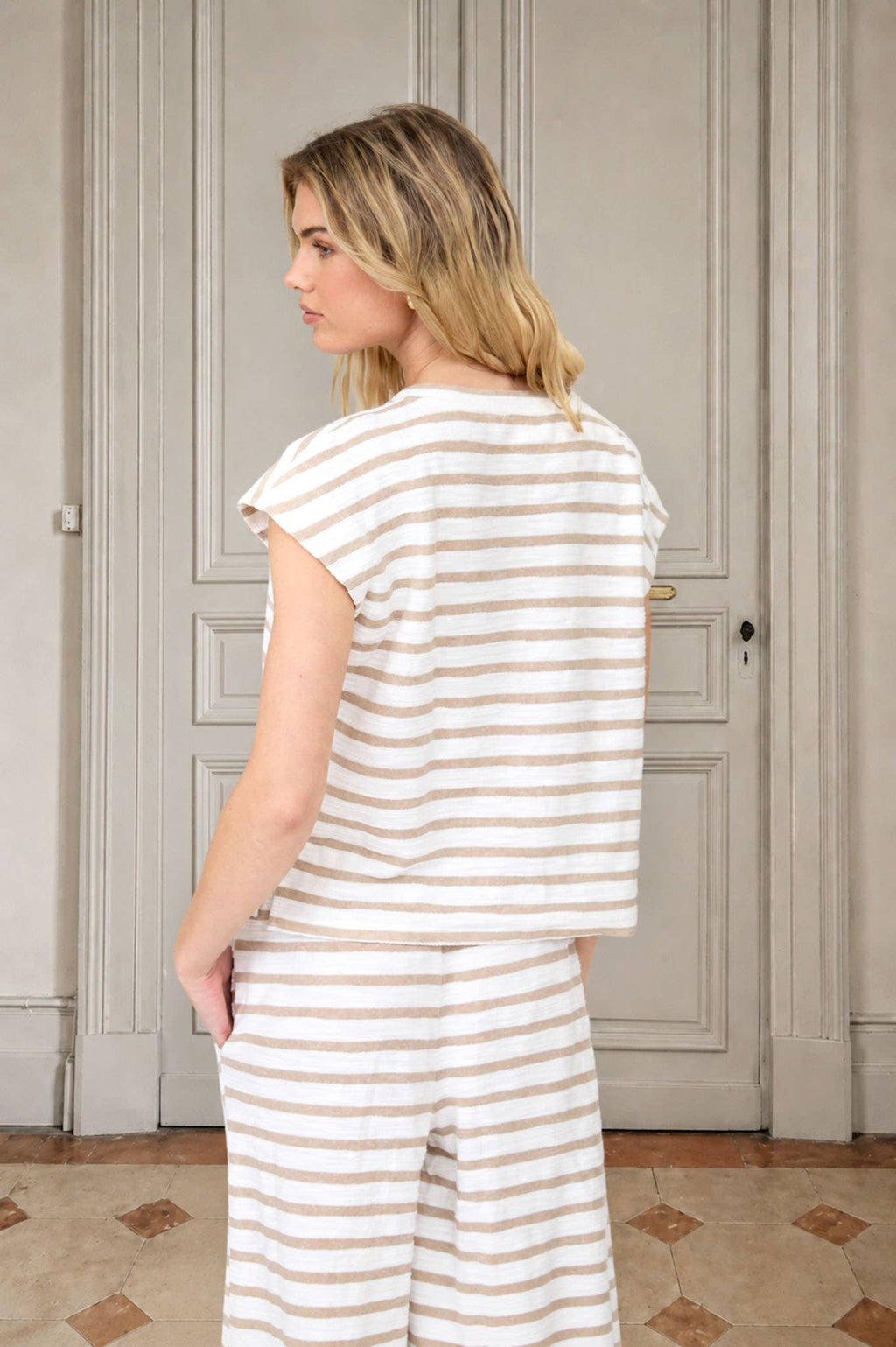Khaki Stripe Round Neck Short Sleeve Knit Top