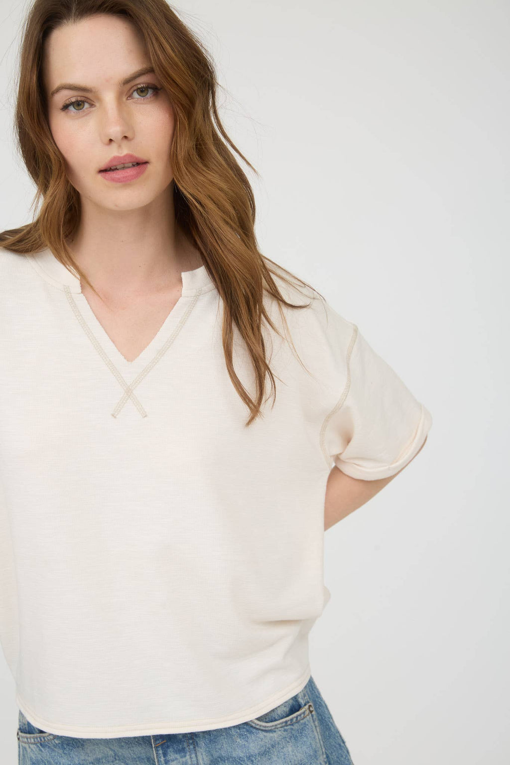 White Contrast Stitch Drop Shoulder Cuff Sleeve Knit Top