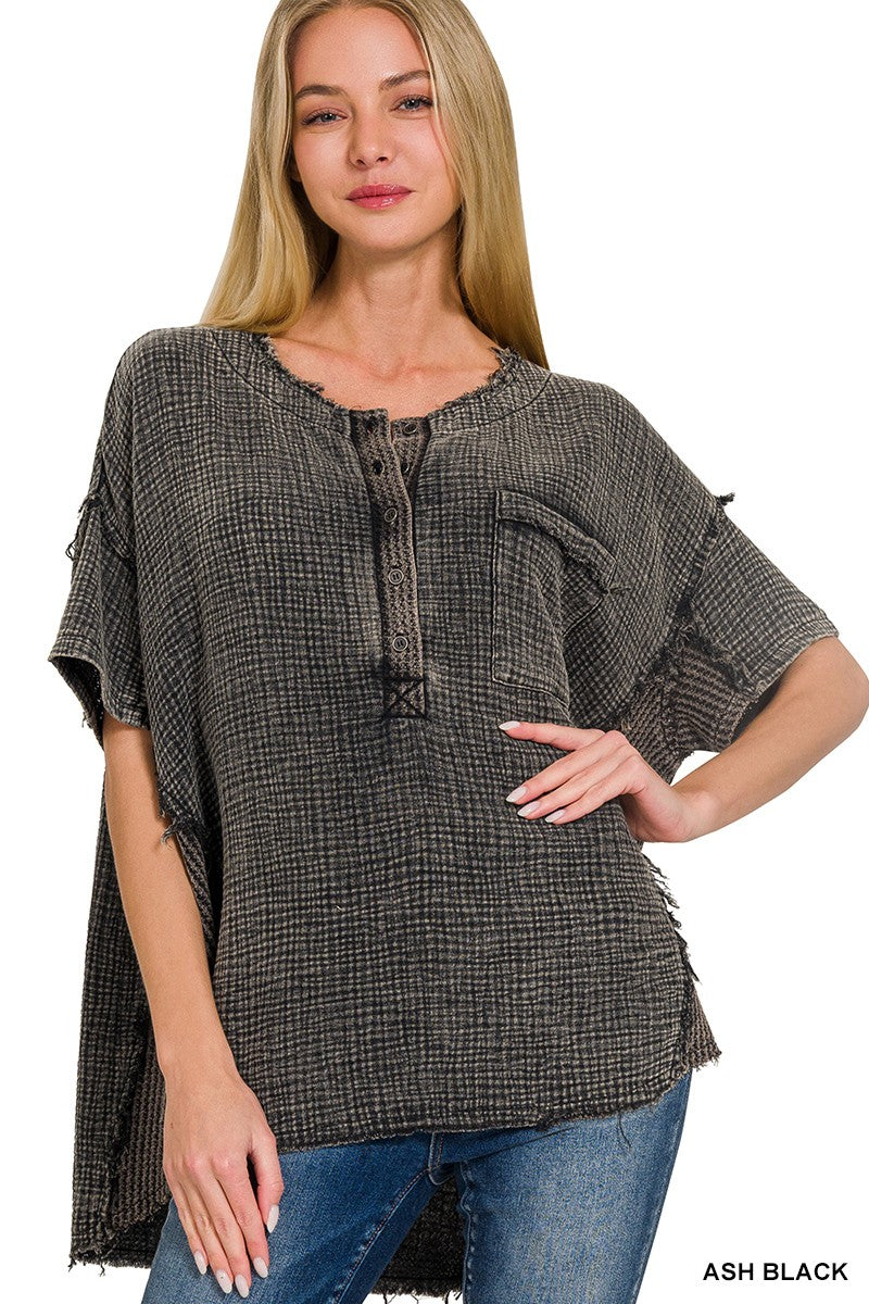 Black Washed Double Gauze 3/4 Button Henley Neck Top