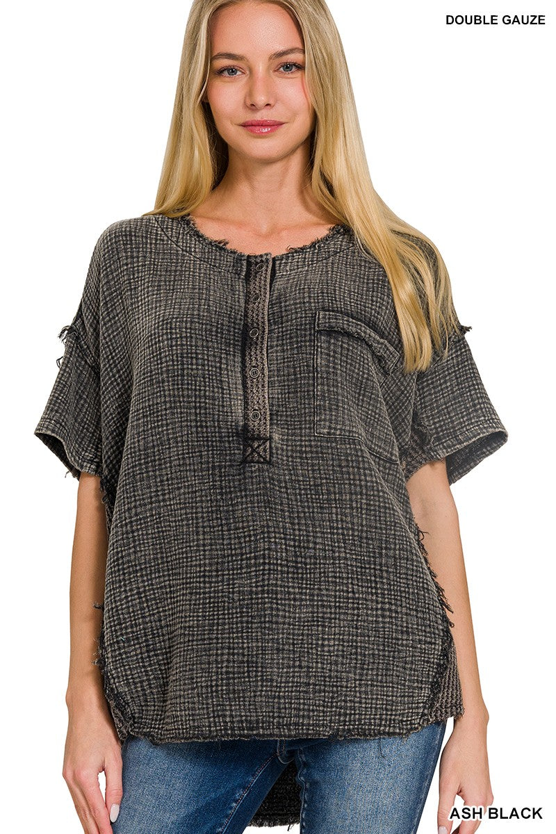 Black Washed Double Gauze 3/4 Button Henley Neck Top
