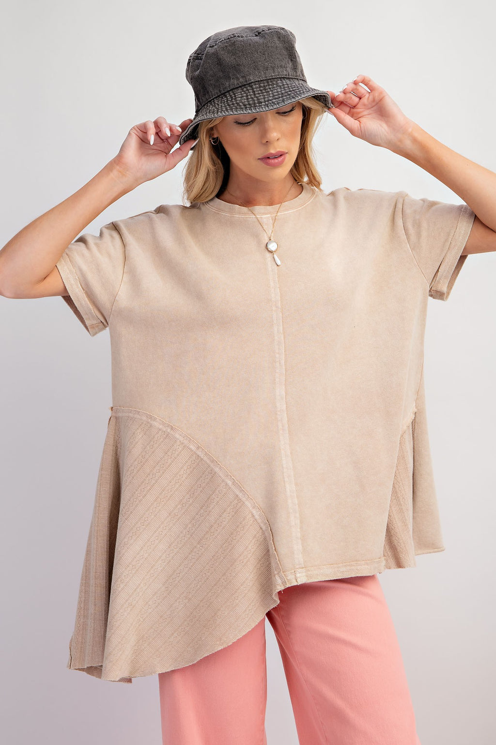 Short Sleeve Latte Brown Mineral Washed Cotton Jersey Knit Tunic