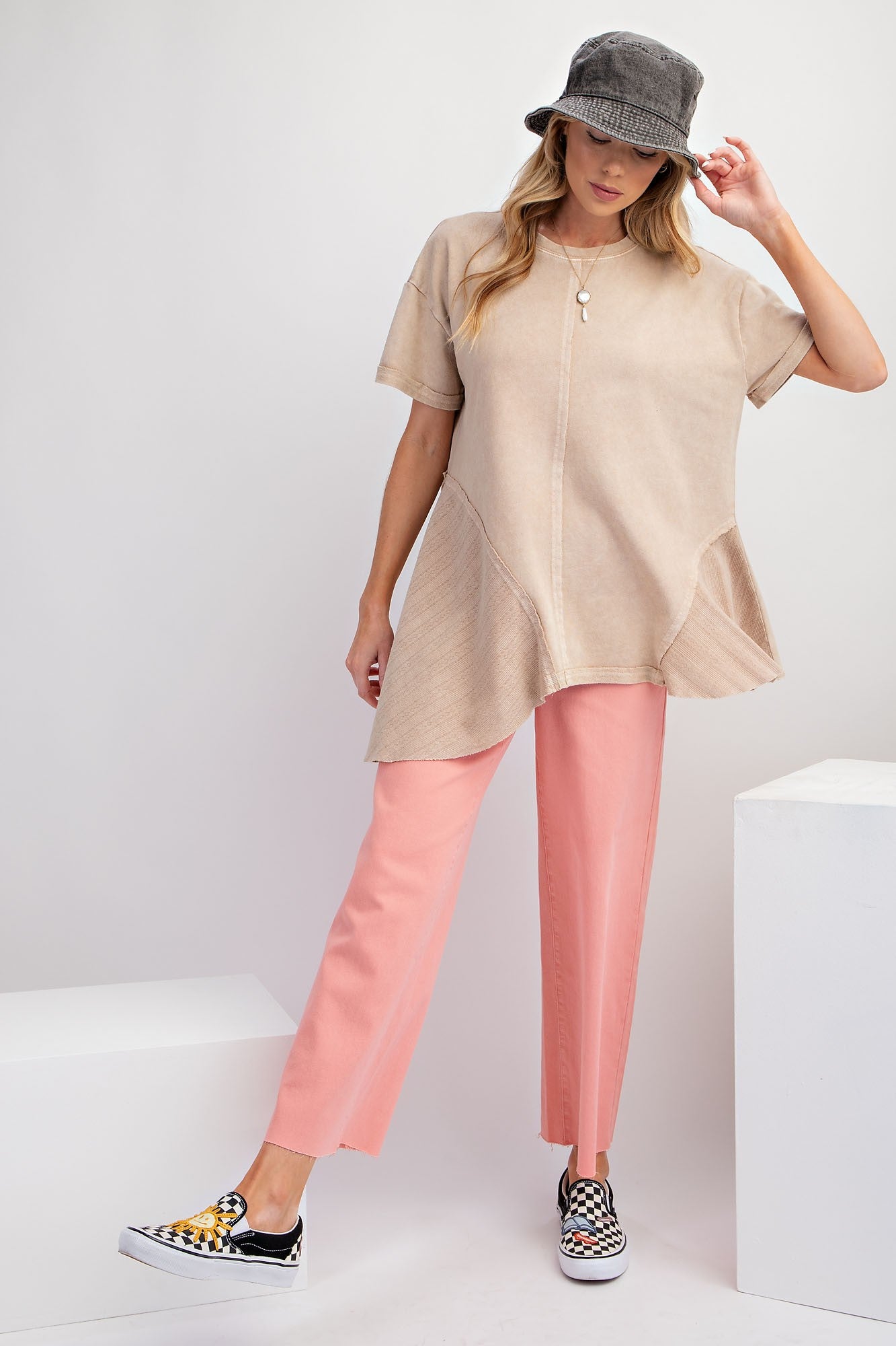 Short Sleeve Latte Brown Mineral Washed Cotton Jersey Knit Tunic