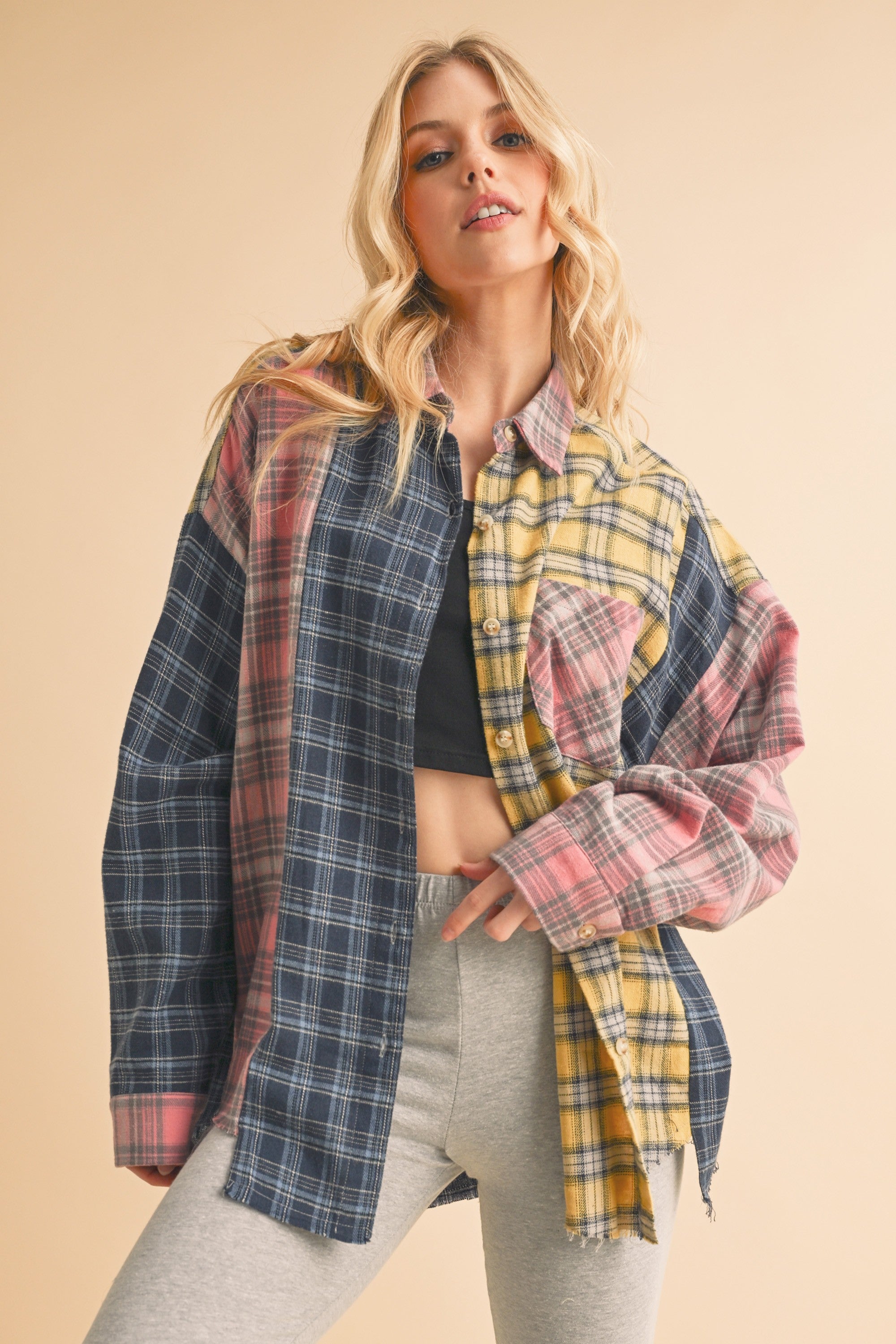 Neela Pink & Blue Multi Color Plaid Flannel