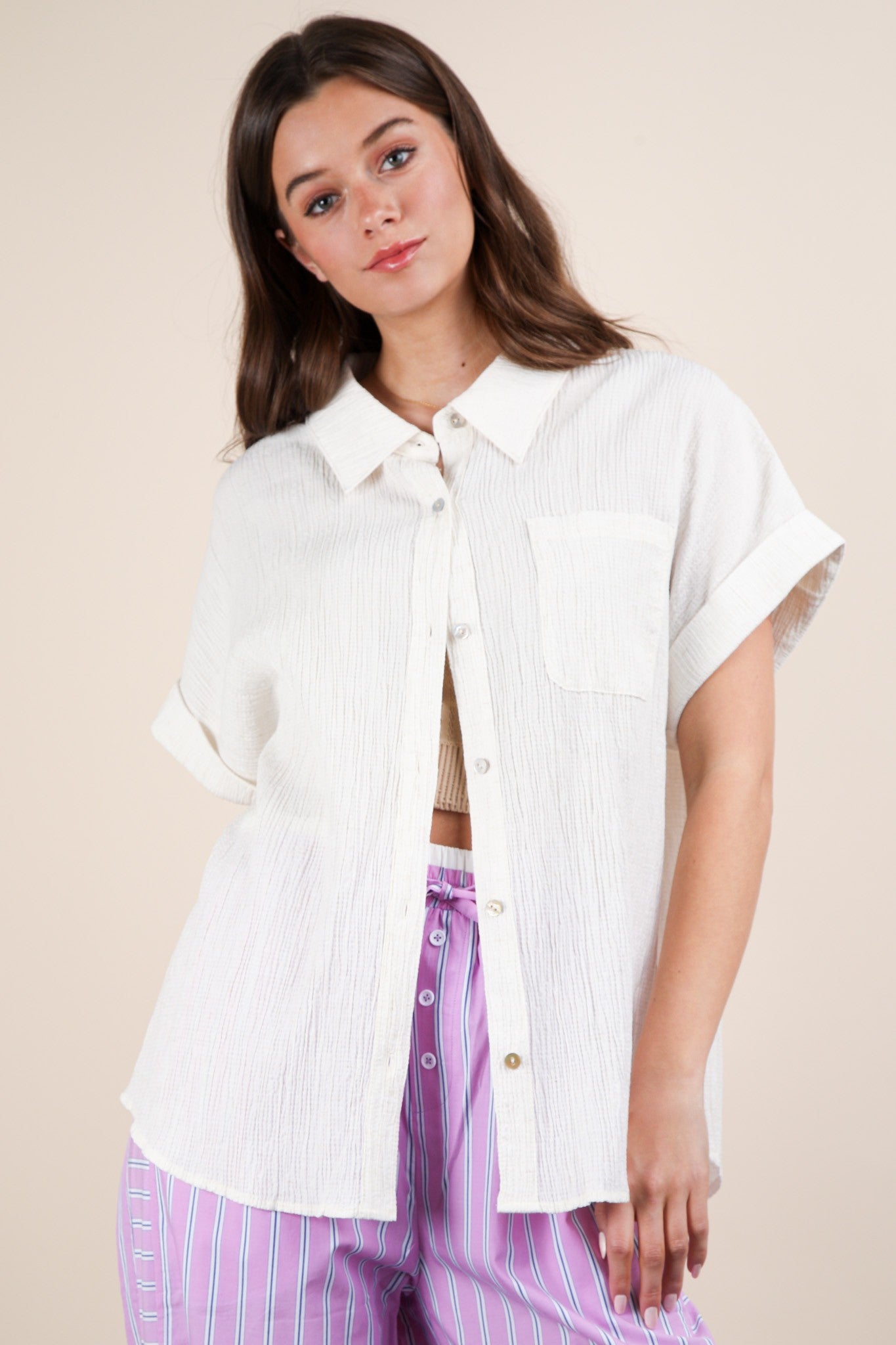 Oversized Oatmeal Dolman Sleeve Crinkled Woven Shirt Top