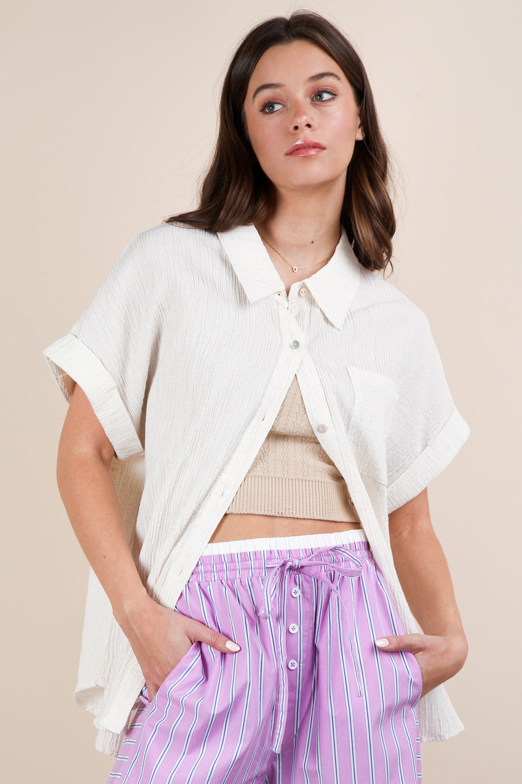 Oversized Oatmeal Dolman Sleeve Crinkled Woven Shirt Top