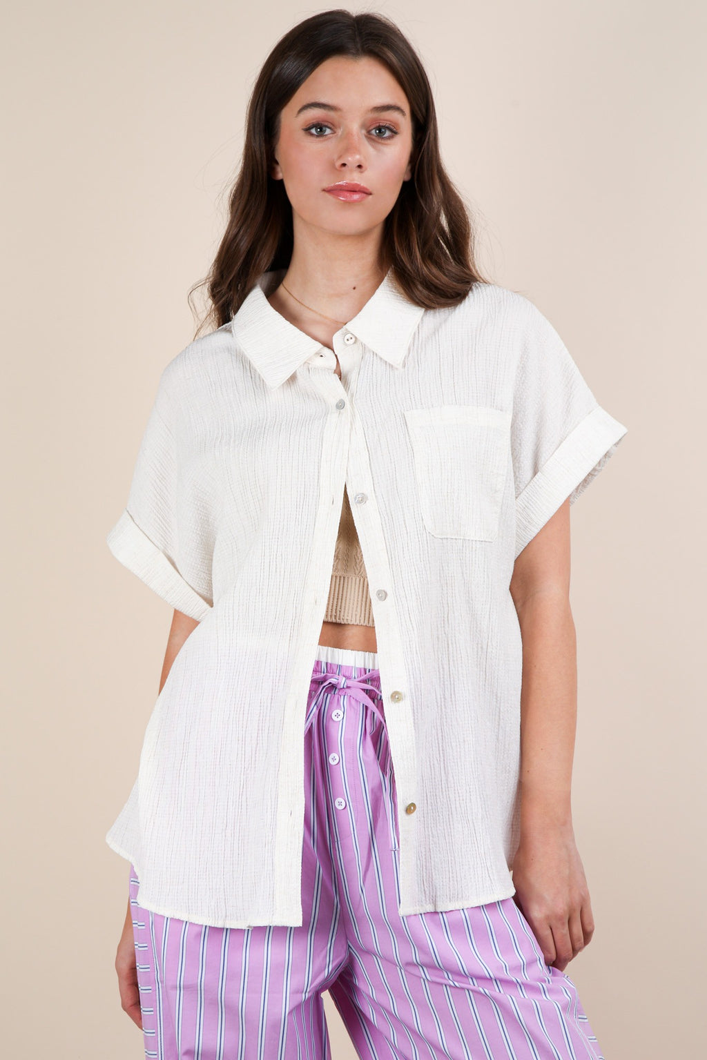 Oversized Oatmeal Dolman Sleeve Crinkled Woven Shirt Top