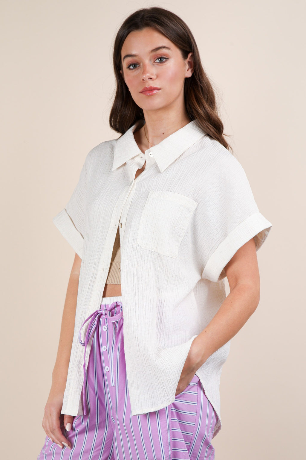 Oversized Oatmeal Dolman Sleeve Crinkled Woven Shirt Top