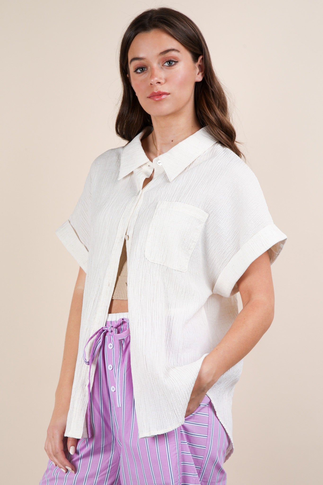 Oversized Oatmeal Dolman Sleeve Crinkled Woven Shirt Top