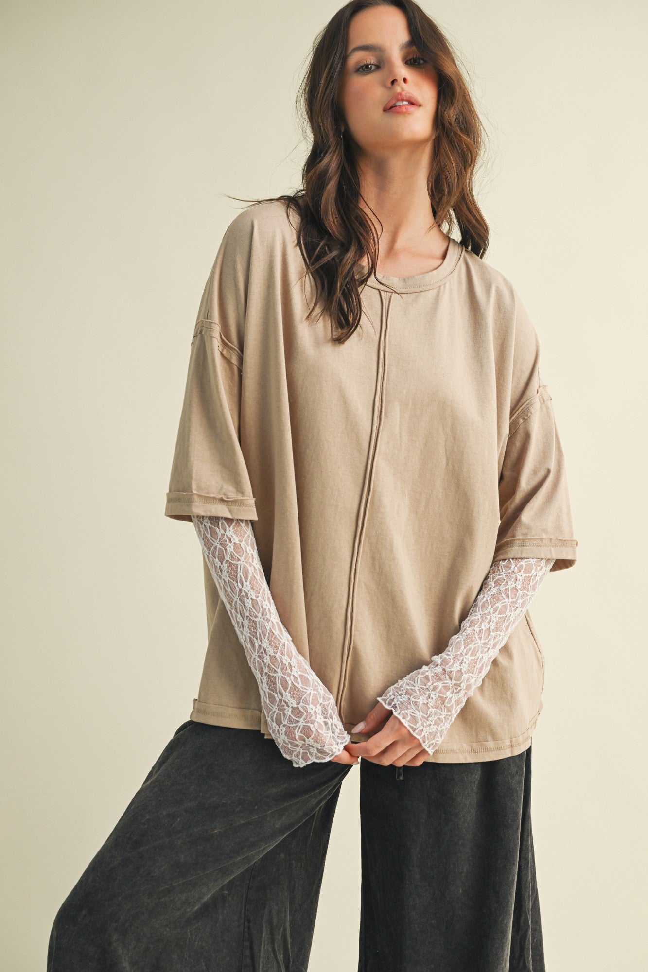 White Lace Sleeve With Oversized Oatmilk Top