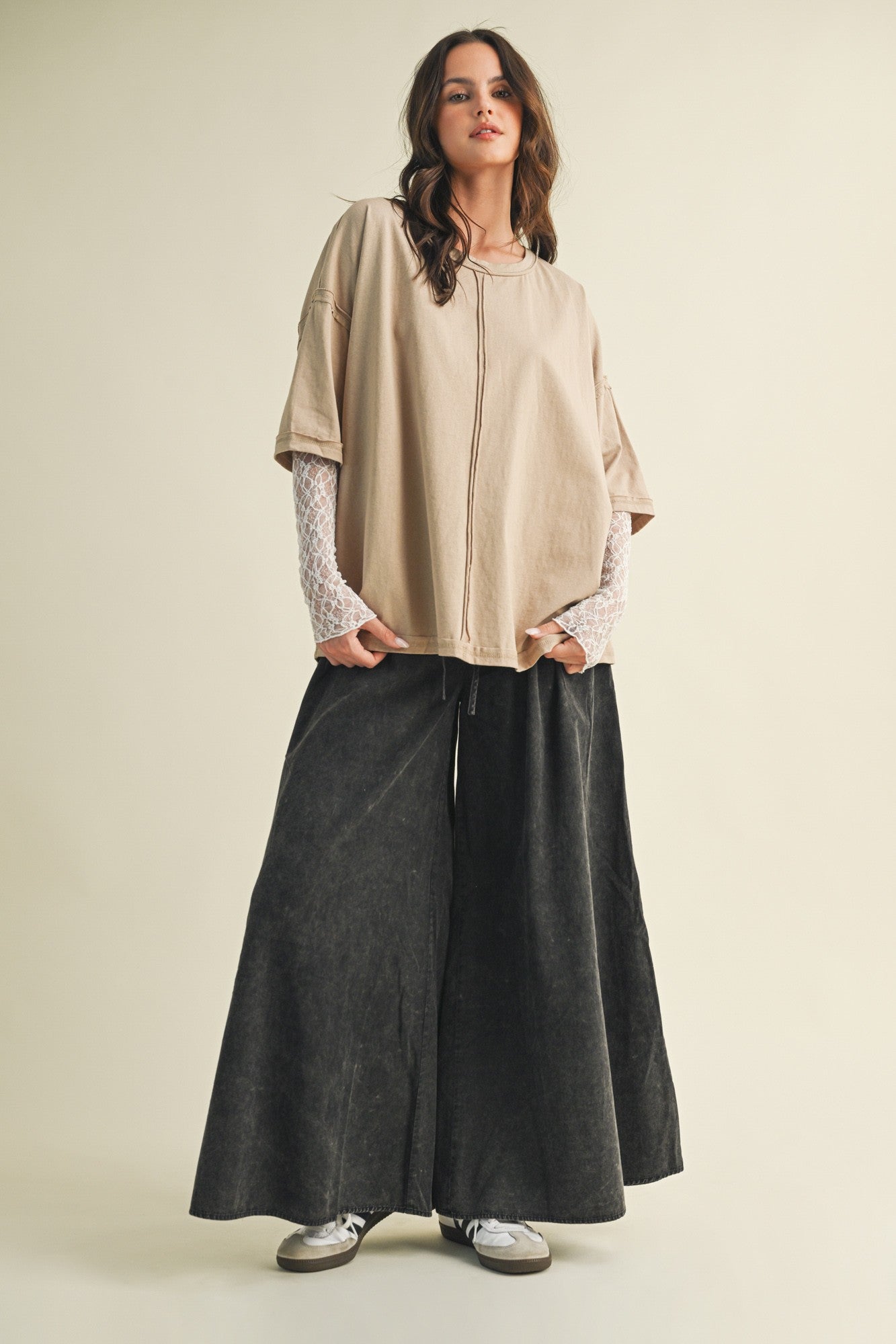 White Lace Sleeve With Oversized Oatmilk Top