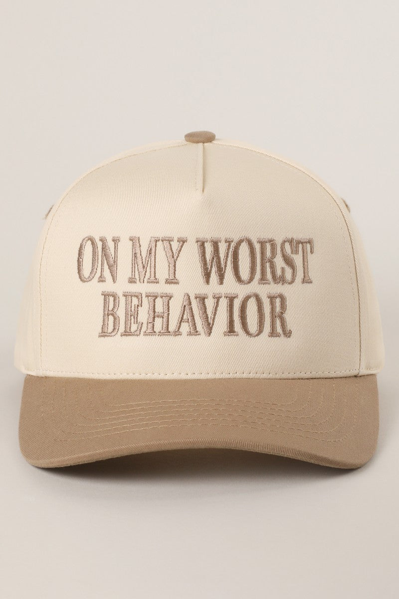 On My Worst Behavior Beige Embroidered Trucker Hat
