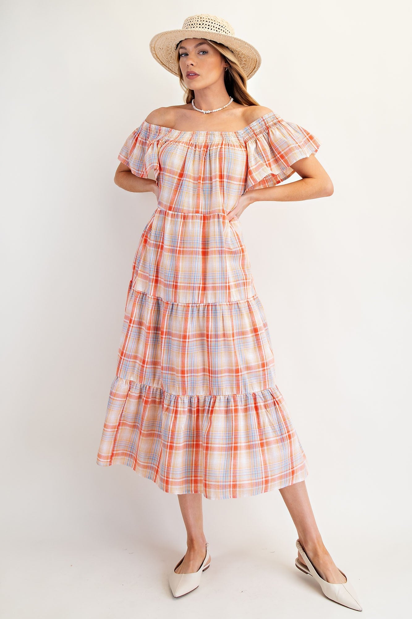 Plaid Orange Printed Tiered Dress