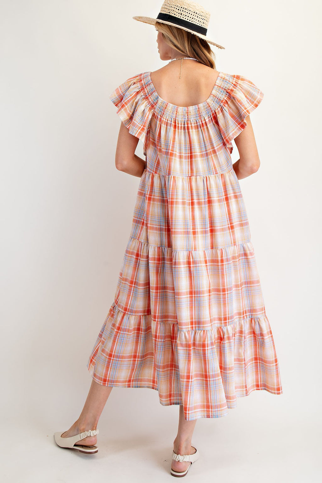 Plaid Orange Printed Tiered Dress