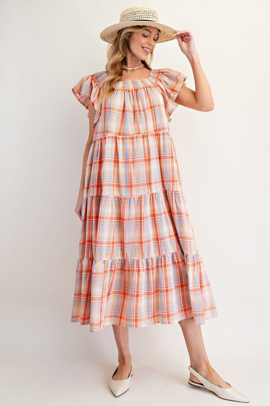 Plaid Orange Printed Tiered Dress
