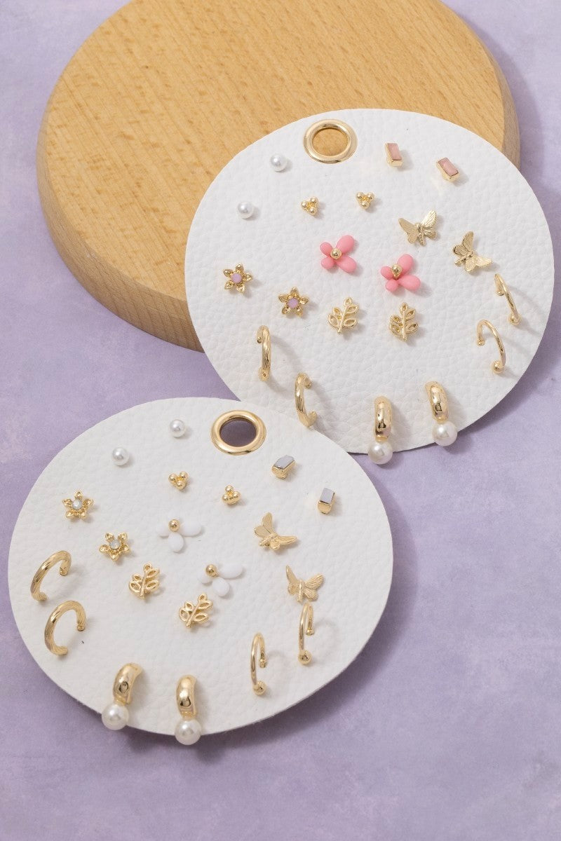 Ten Pair Pink Assorted Butterfly Flower Earrings Set