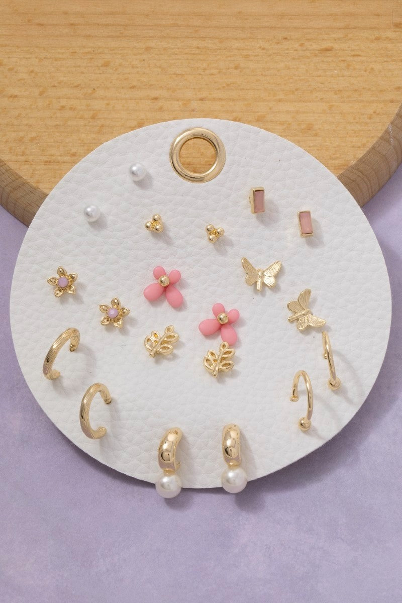 Ten Pair Pink Assorted Butterfly Flower Earrings Set