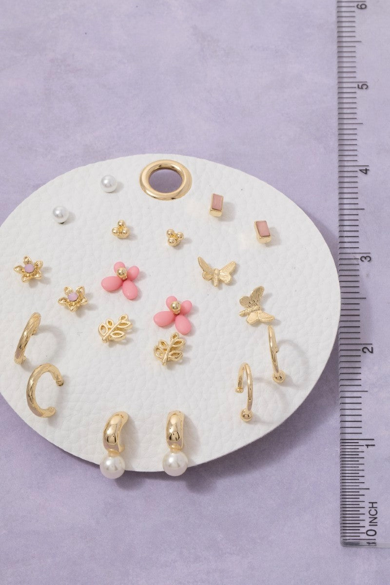 Ten Pair Pink Assorted Butterfly Flower Earrings Set