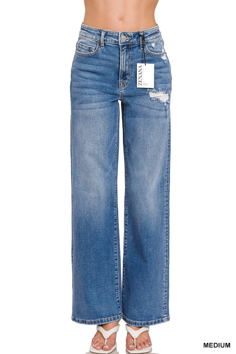 High Waist Straight Leg Medium Wash Denim Pants