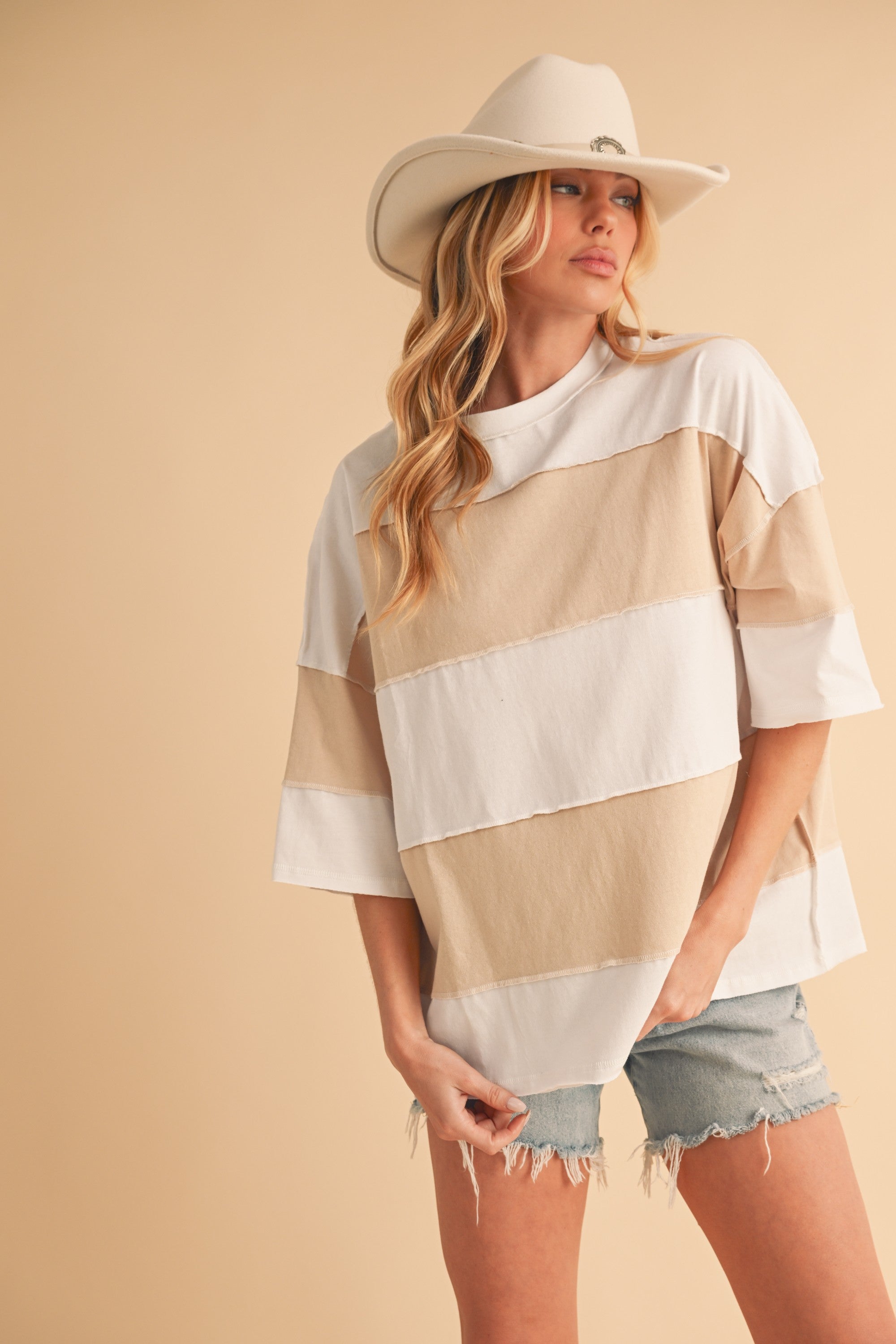 Polly White & Oat Color Block Top