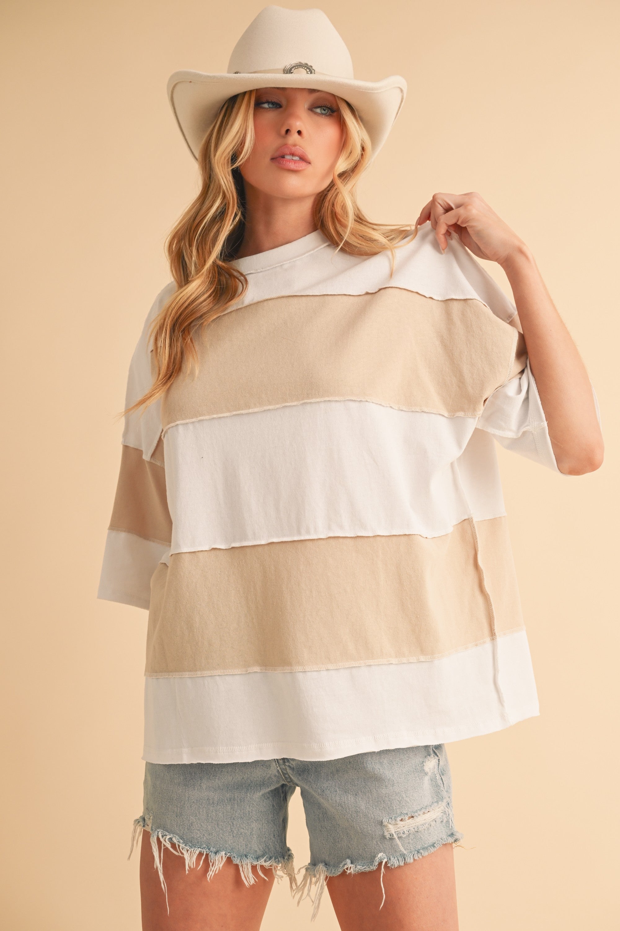 Polly White & Oat Color Block Top