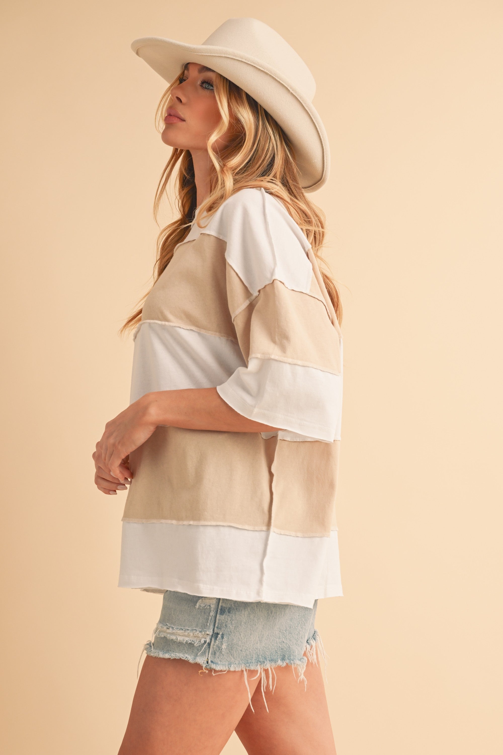 Polly White & Oat Color Block Top