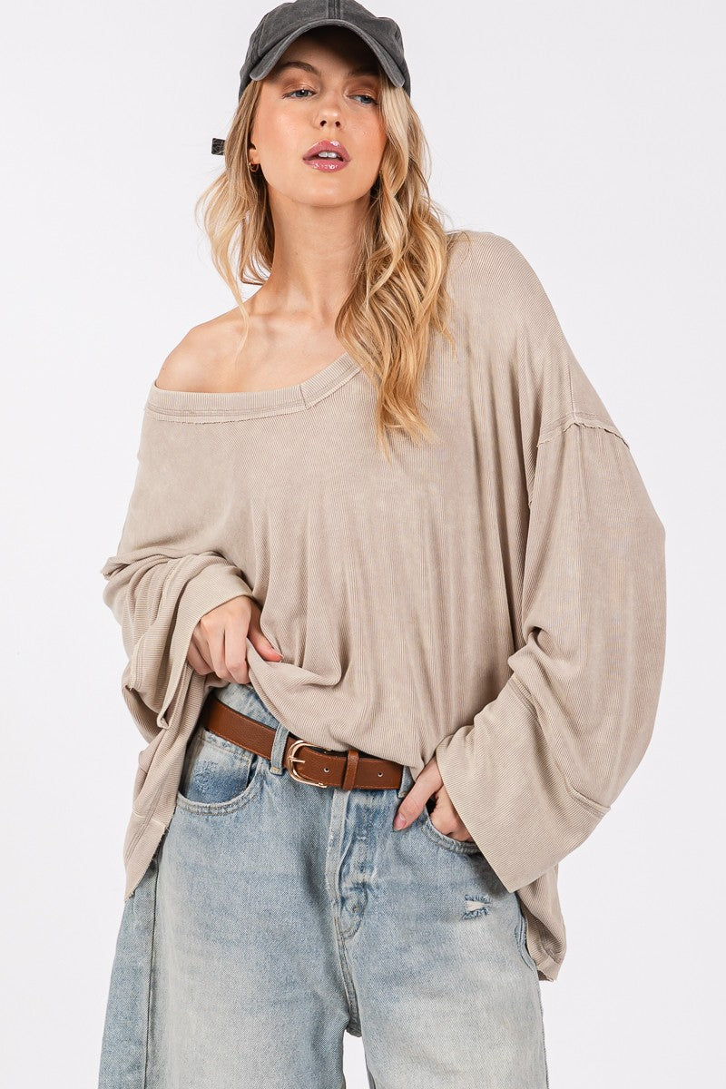 Mineral Washed Taupe Rib Loose Fit Top