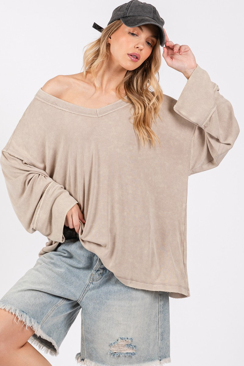 Mineral Washed Taupe Rib Loose Fit Top