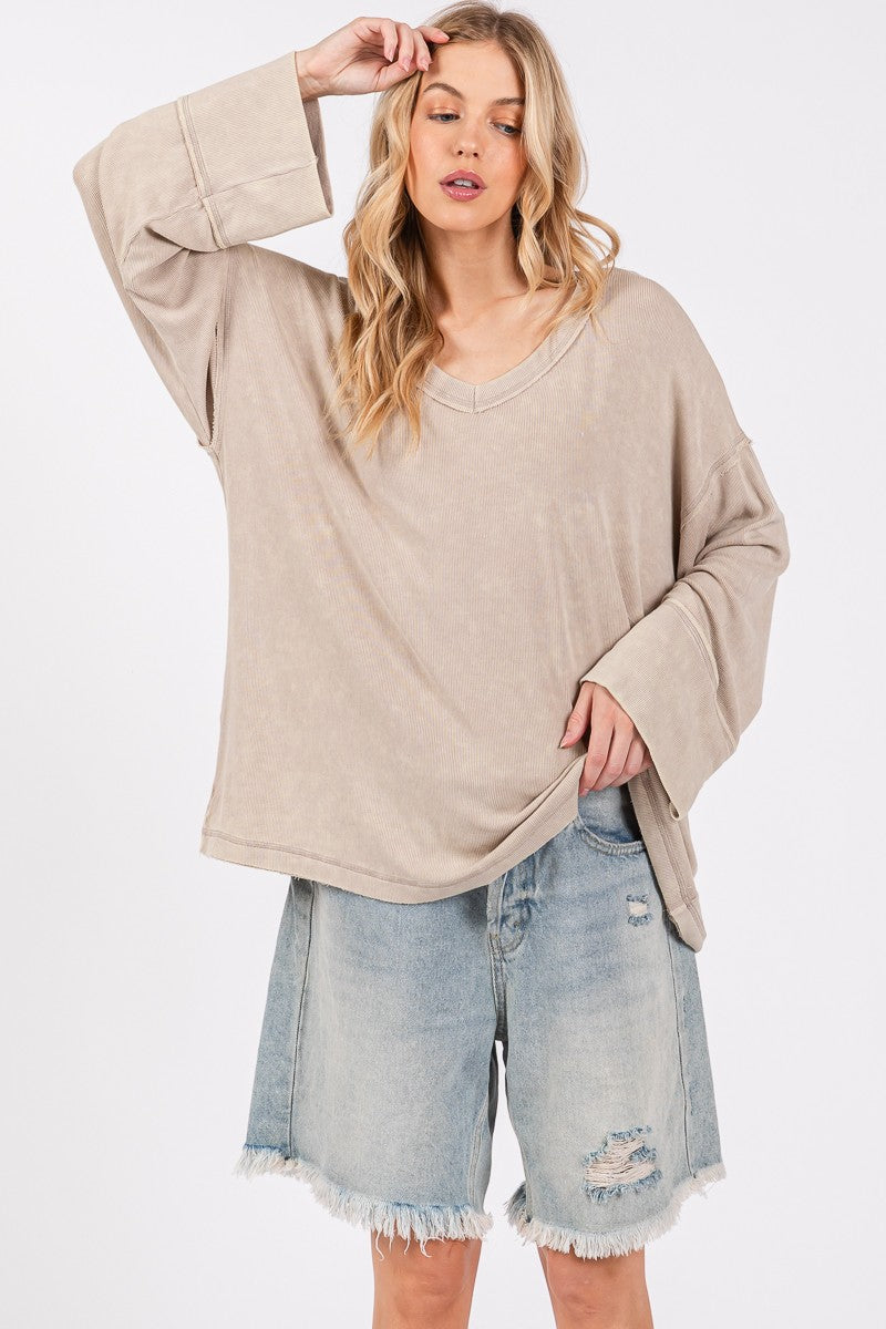 Mineral Washed Taupe Rib Loose Fit Top