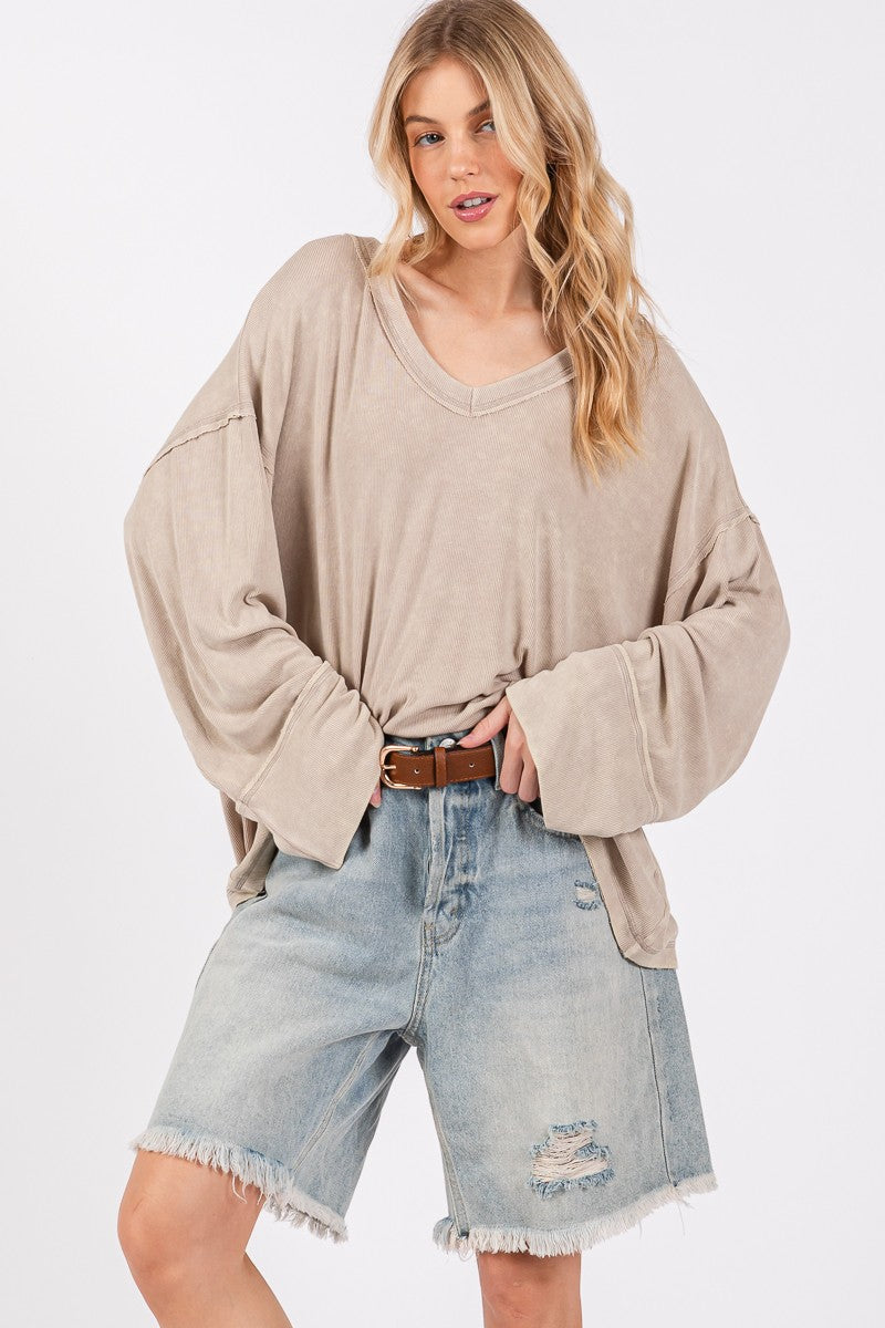 Mineral Washed Taupe Rib Loose Fit Top
