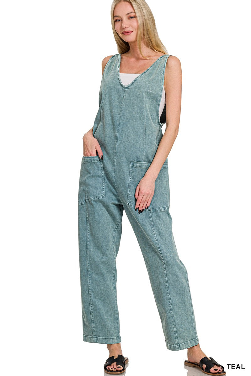 Casual Adjustable Strap Baggy Teal Blue Jumpsuit With Pocket