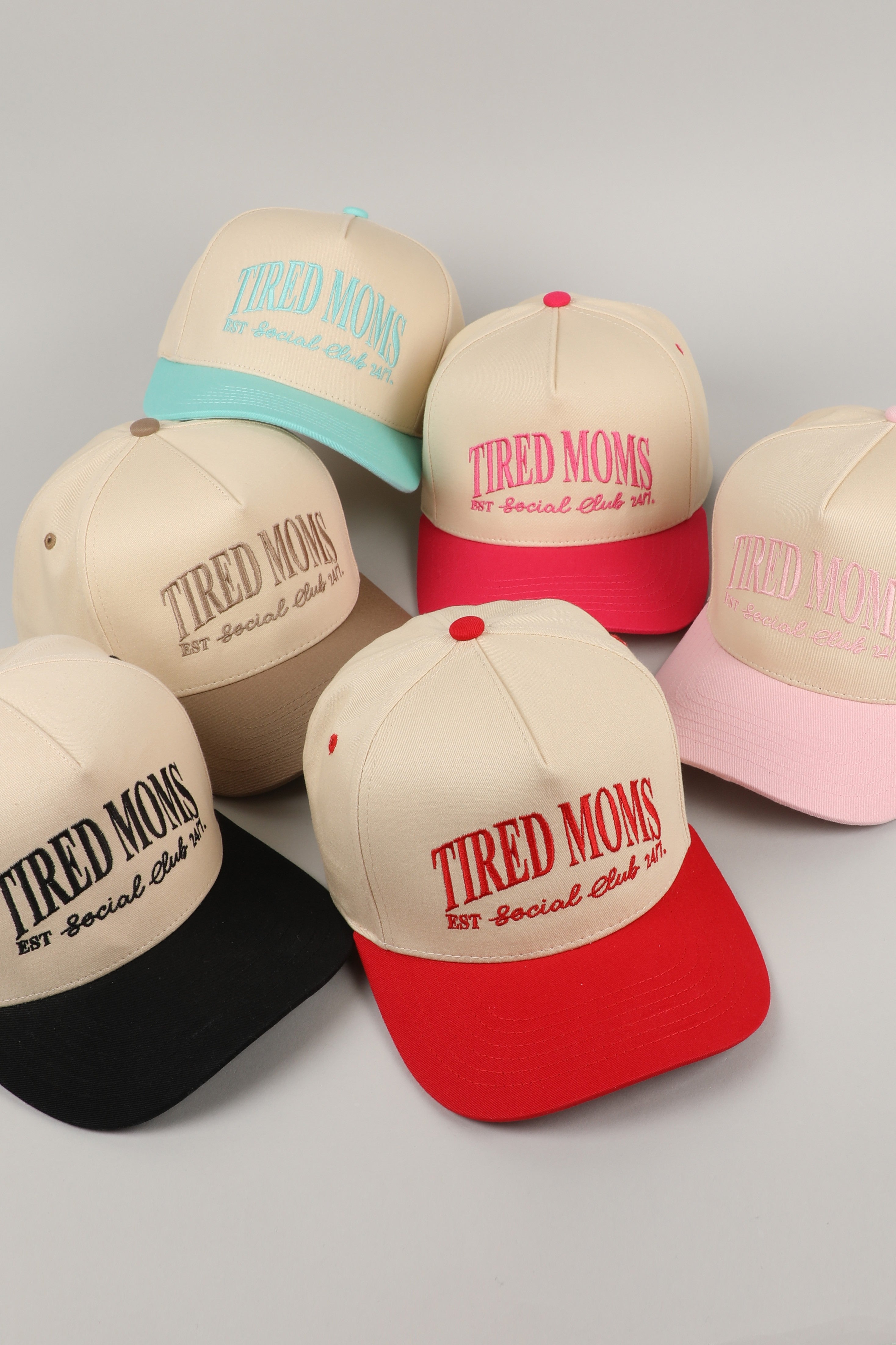 Tired Moms Est. Social Club 24/7 Black Embroidered Trucker Hat