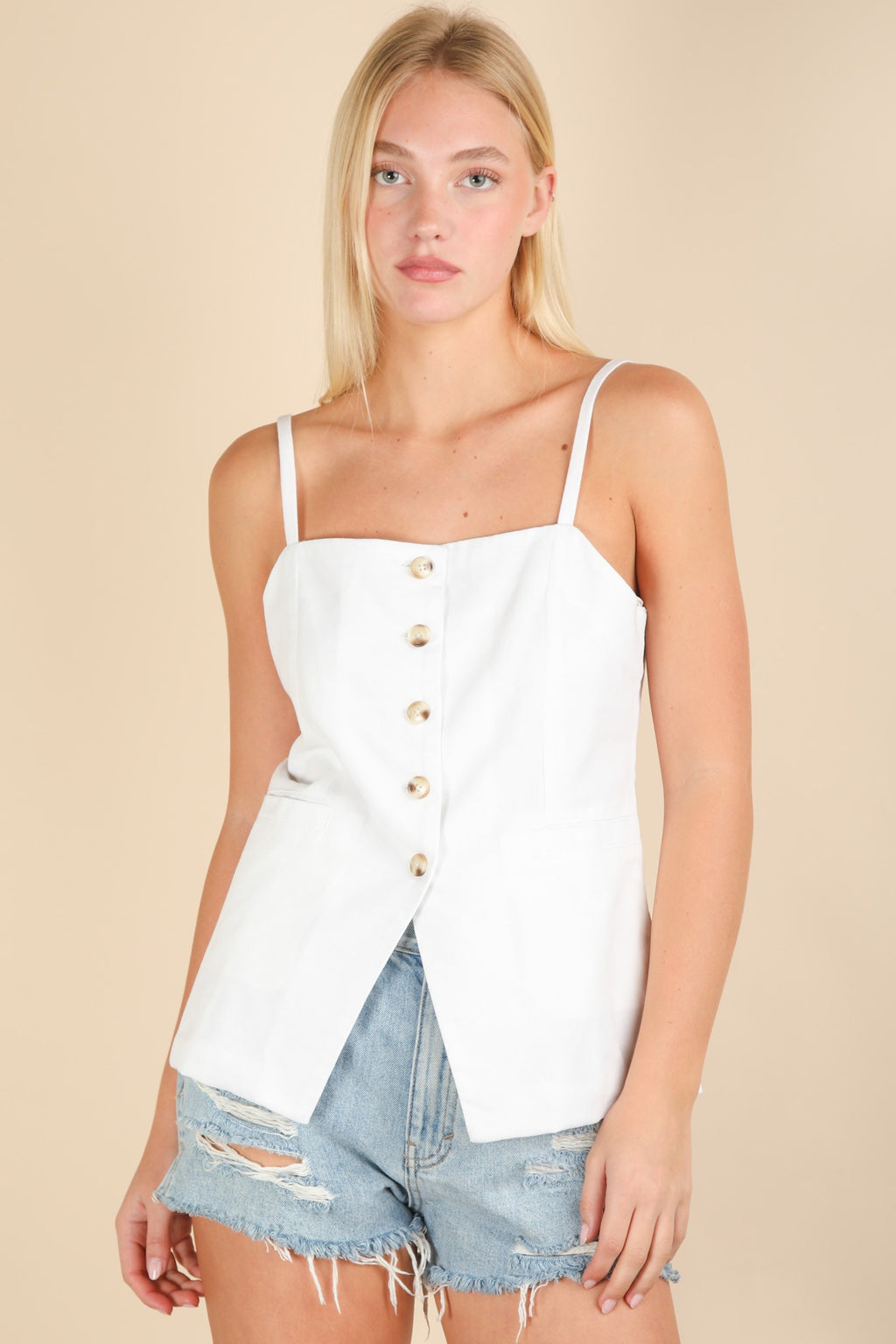 Button Down White Solid Woven Top