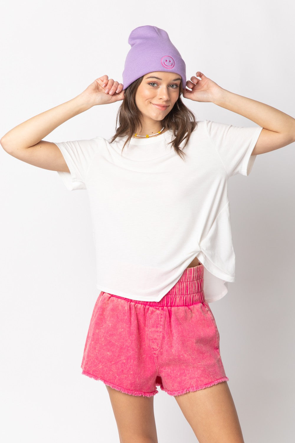 Short Sleeve White Twisted Hem Knit Top