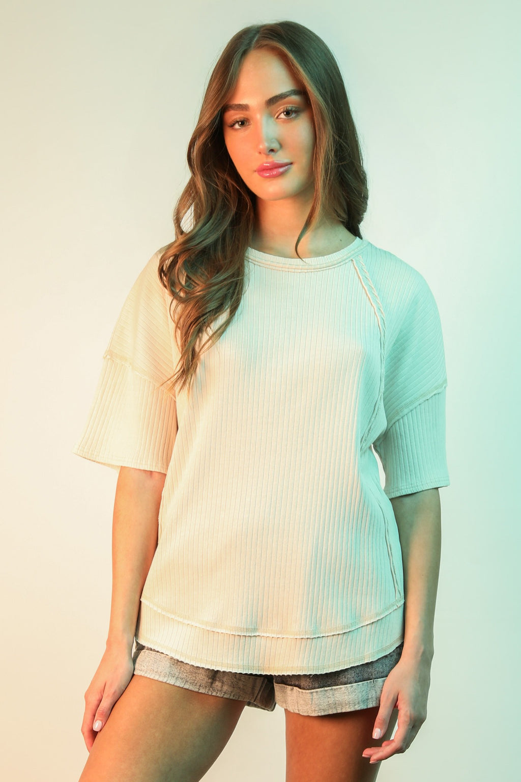 Tan Mineral Washed Oversized Ribbed Knit Casual Top